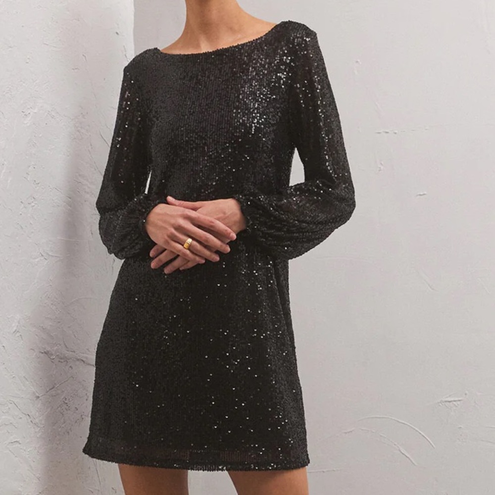 Black Sequin Dress with Bishop Sleeves, NYE dress, party dress